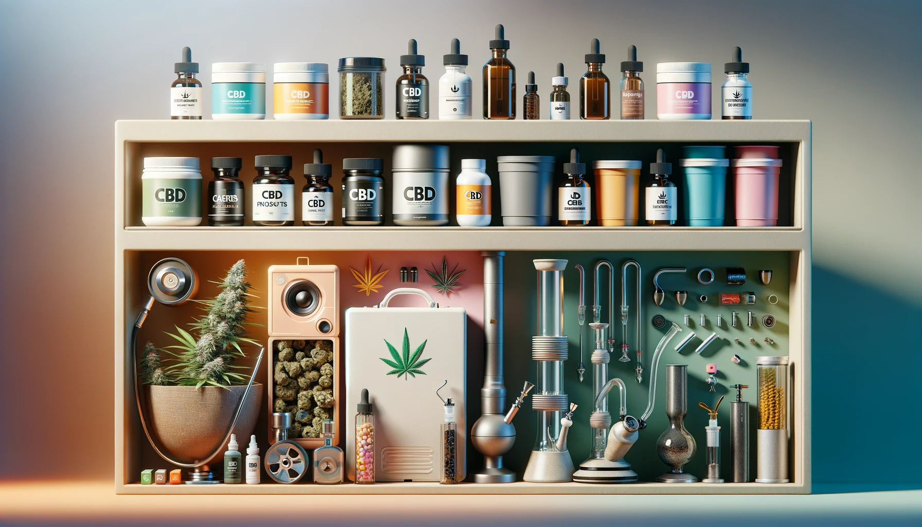 Cannabisprodukte wie Blueten, Oele, Bongs und Grinder