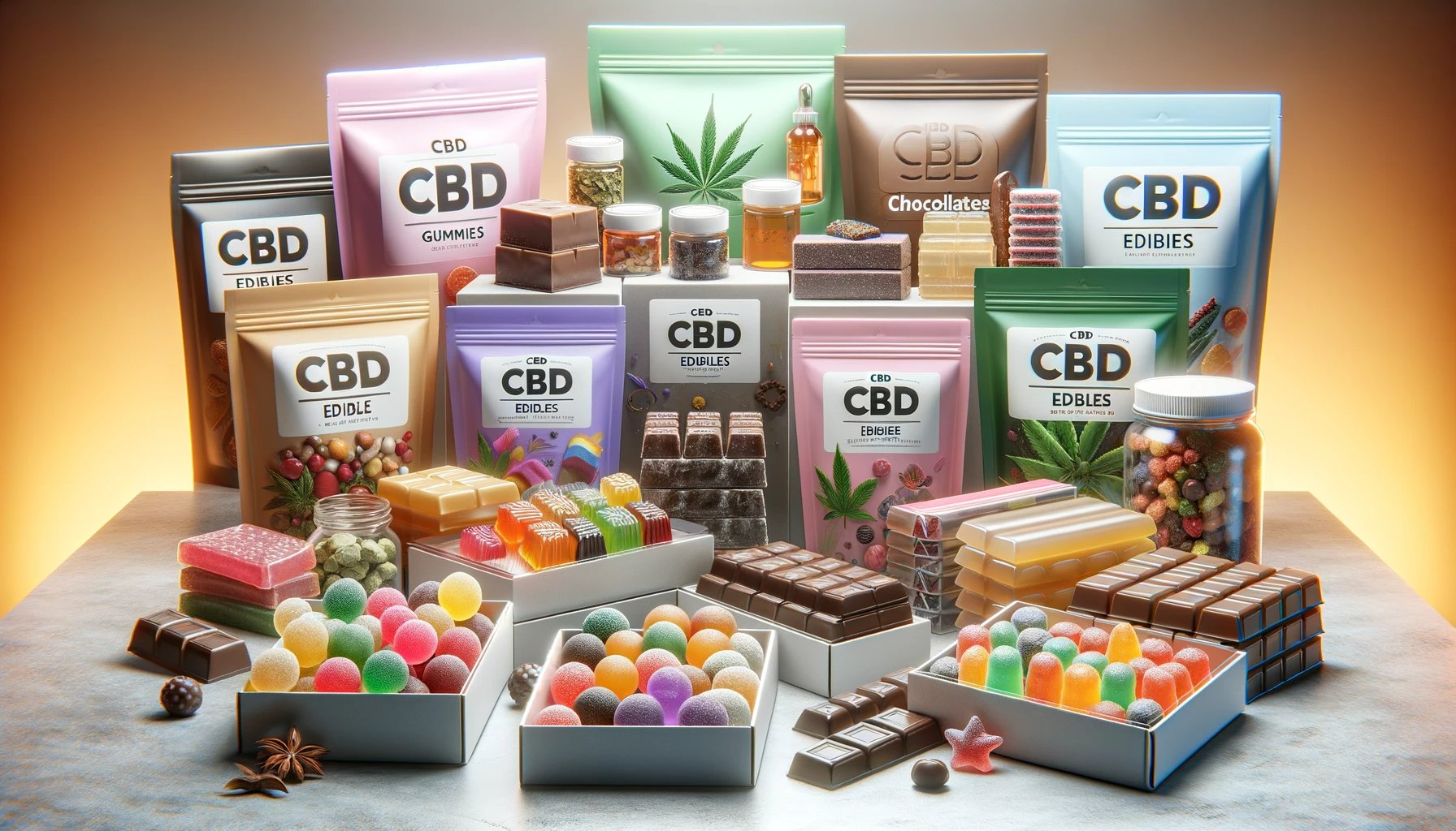 CBD Lebensmittel wie Schokolade, Bonbons und Fruchtgummies