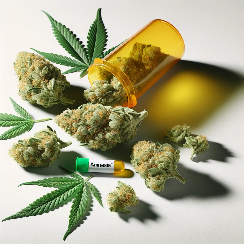 Amnesia Cannabis Buds mit orangenem Behaelter
