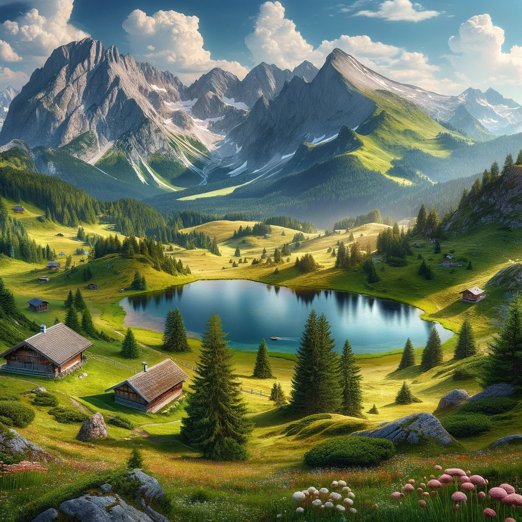 Bayerische Landschaft mit einem See vor den Alpen