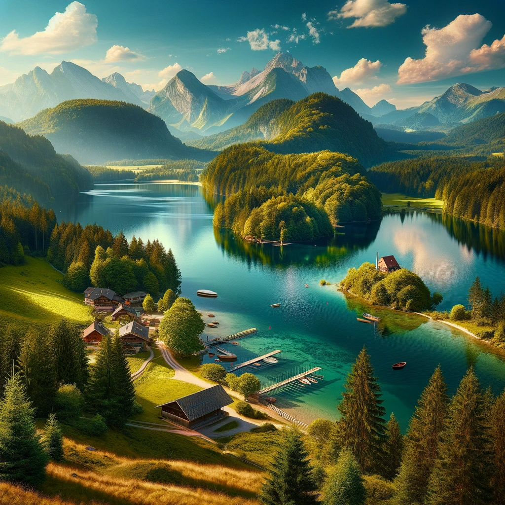 Landschaftsaufnahme eines bayerisches Sees vor den Alpen