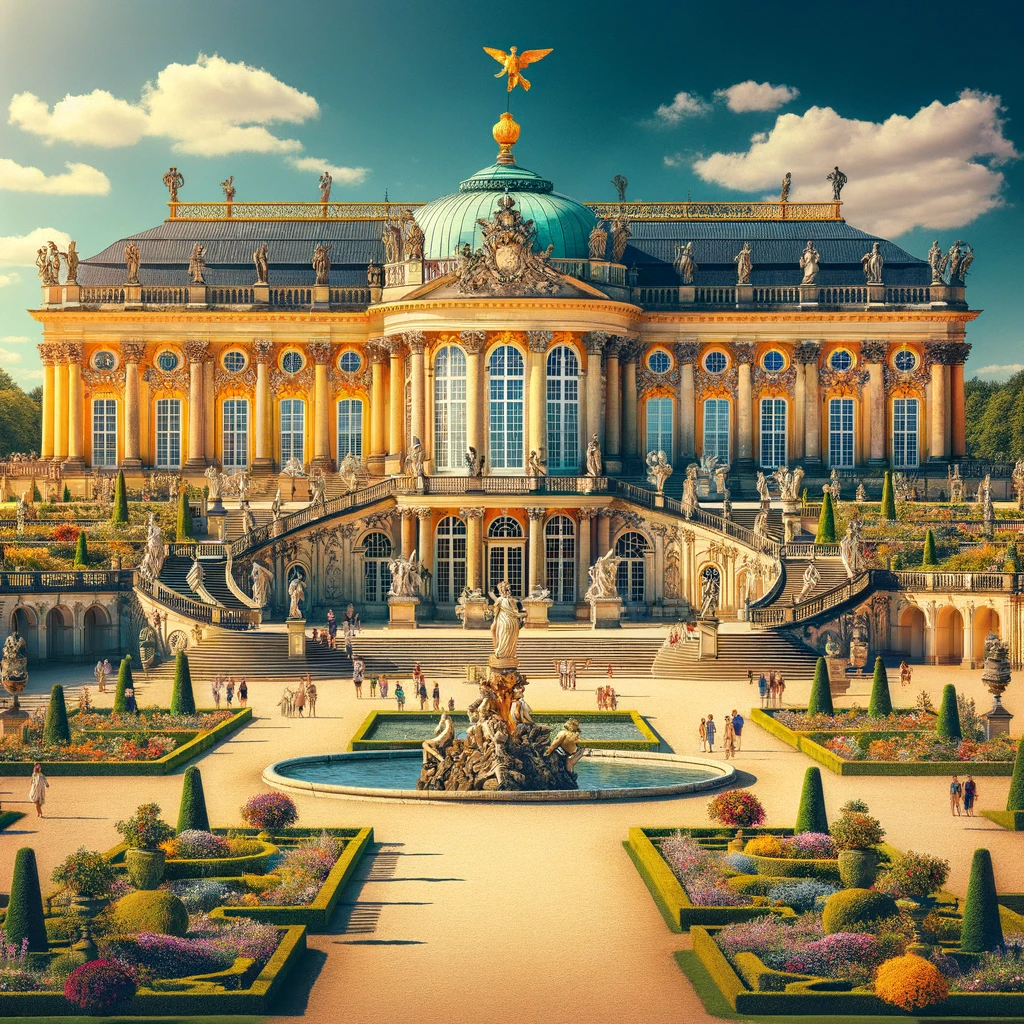 Schloss Sanssouci in Brandenburg mit Besuchern im Park