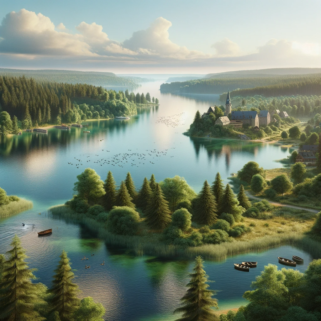 Brandenburger See mit einigen Boetchen und einem Schloss im Hinergrund