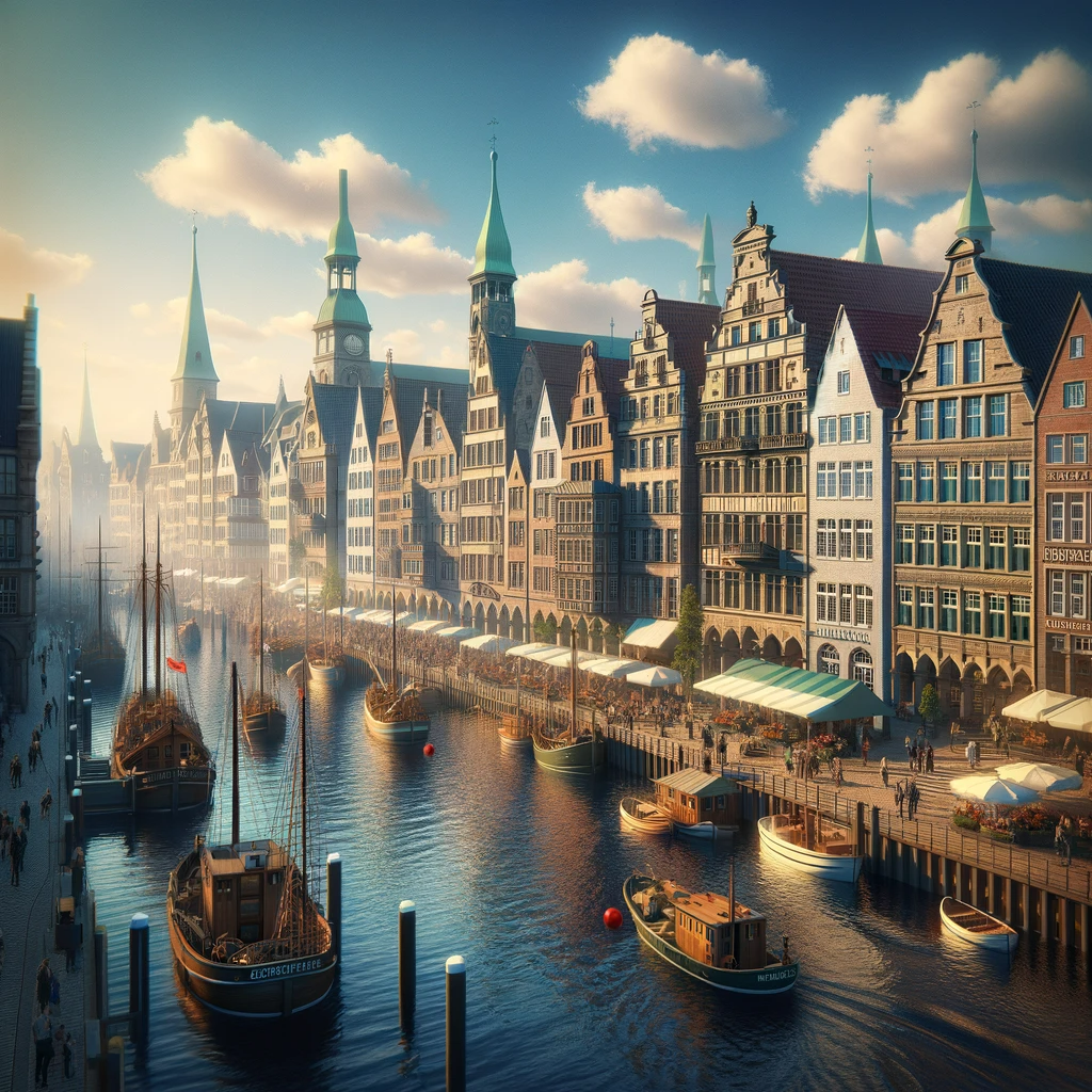 Bremerhaven mit Schiffen an einem belebten sonnigen Tag