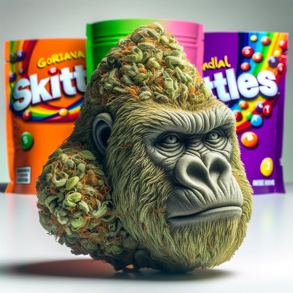 Cannabis Bud Gorillagesicht mit Skittlez-Packungen im Hintergrund