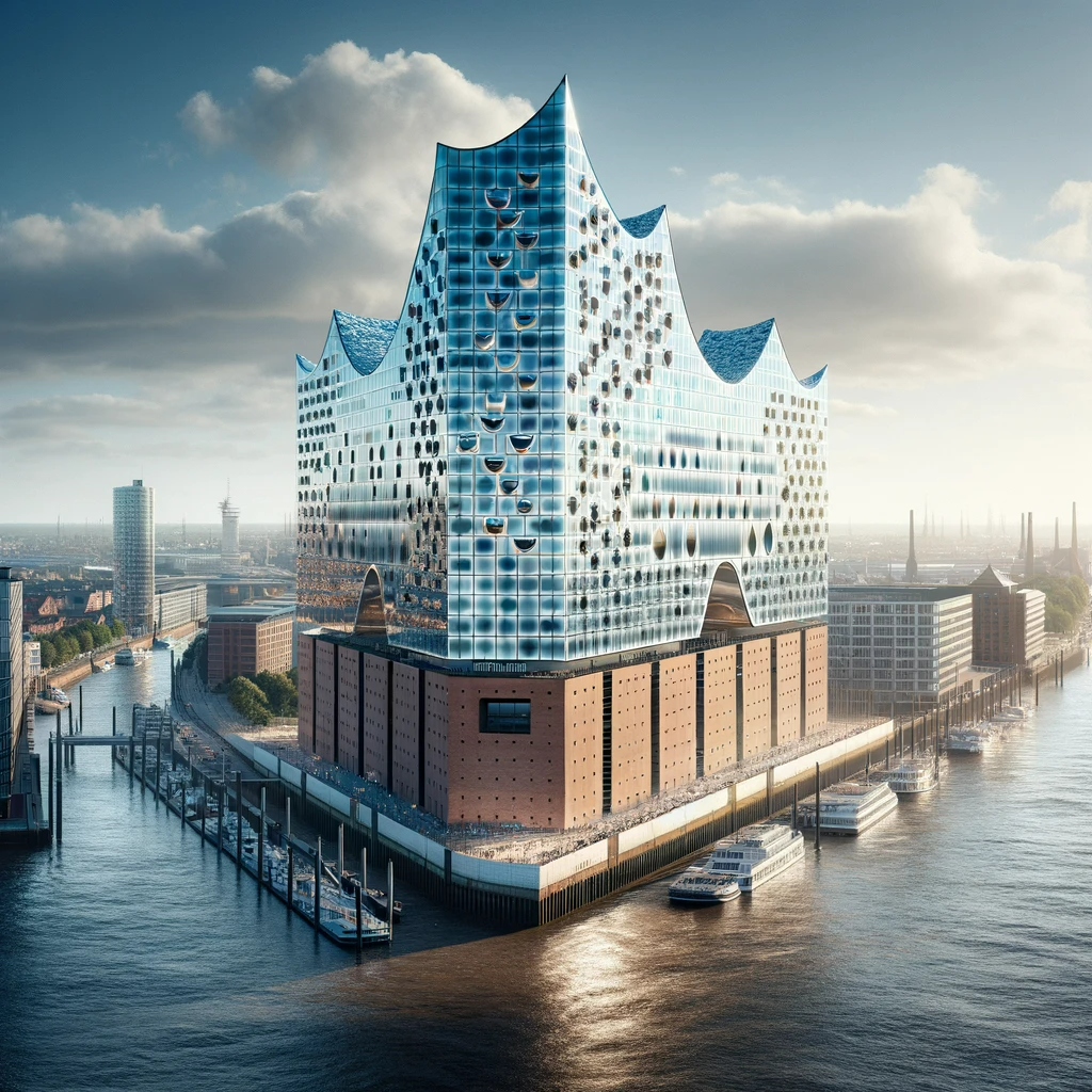 Hamburger Elb-Philharmonie mit parkenden Booten davor