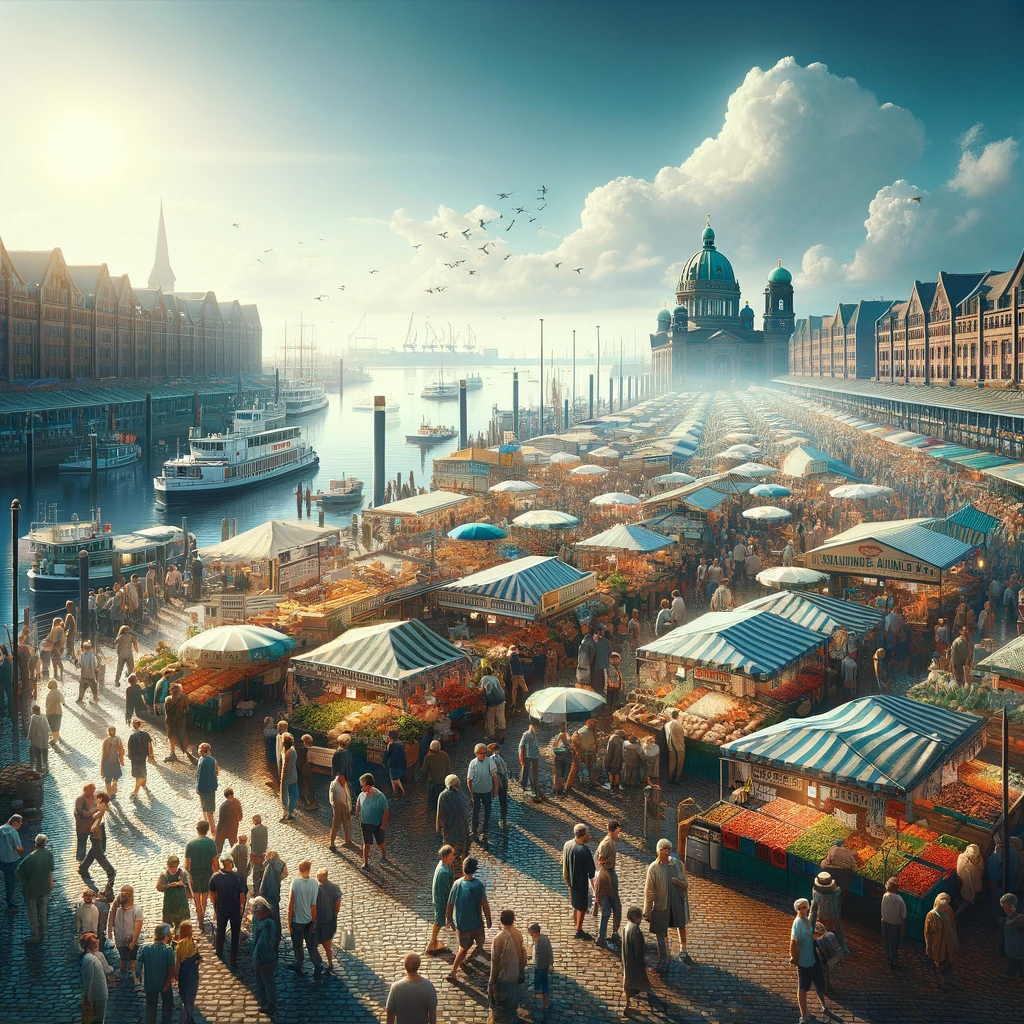 Voll-besuchter Fischmarkt in Hamburg mit Booten im Hintergrund