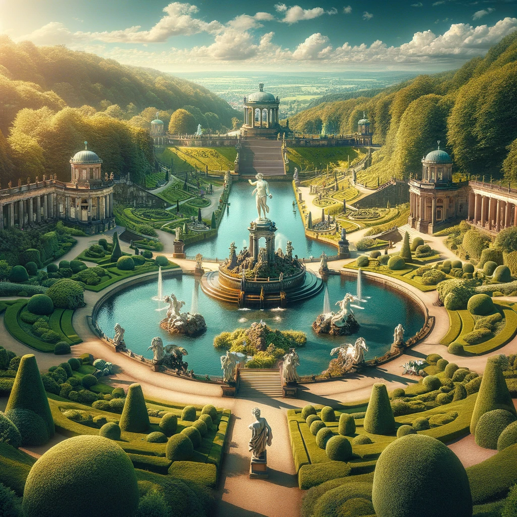 Bergpark Wilhelmshoehe Kassel mit Brunnen und Statuen