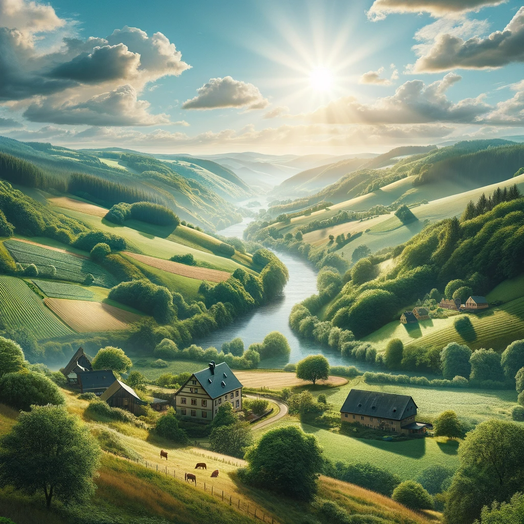 Landschaft in Hessen mit Huegeln, einigen Hauesern und kleinem Fluss