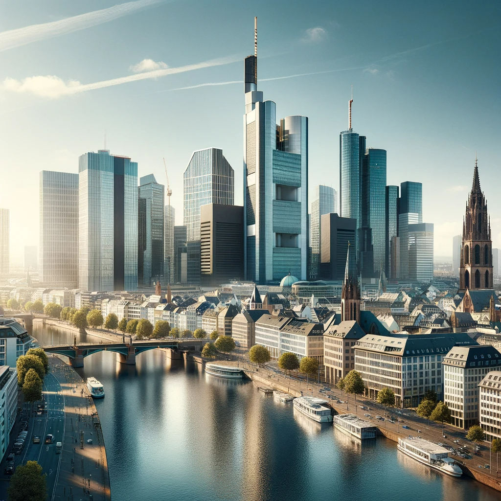 Skyline Frankfurt am Main mit Booten an sonnigem Tag