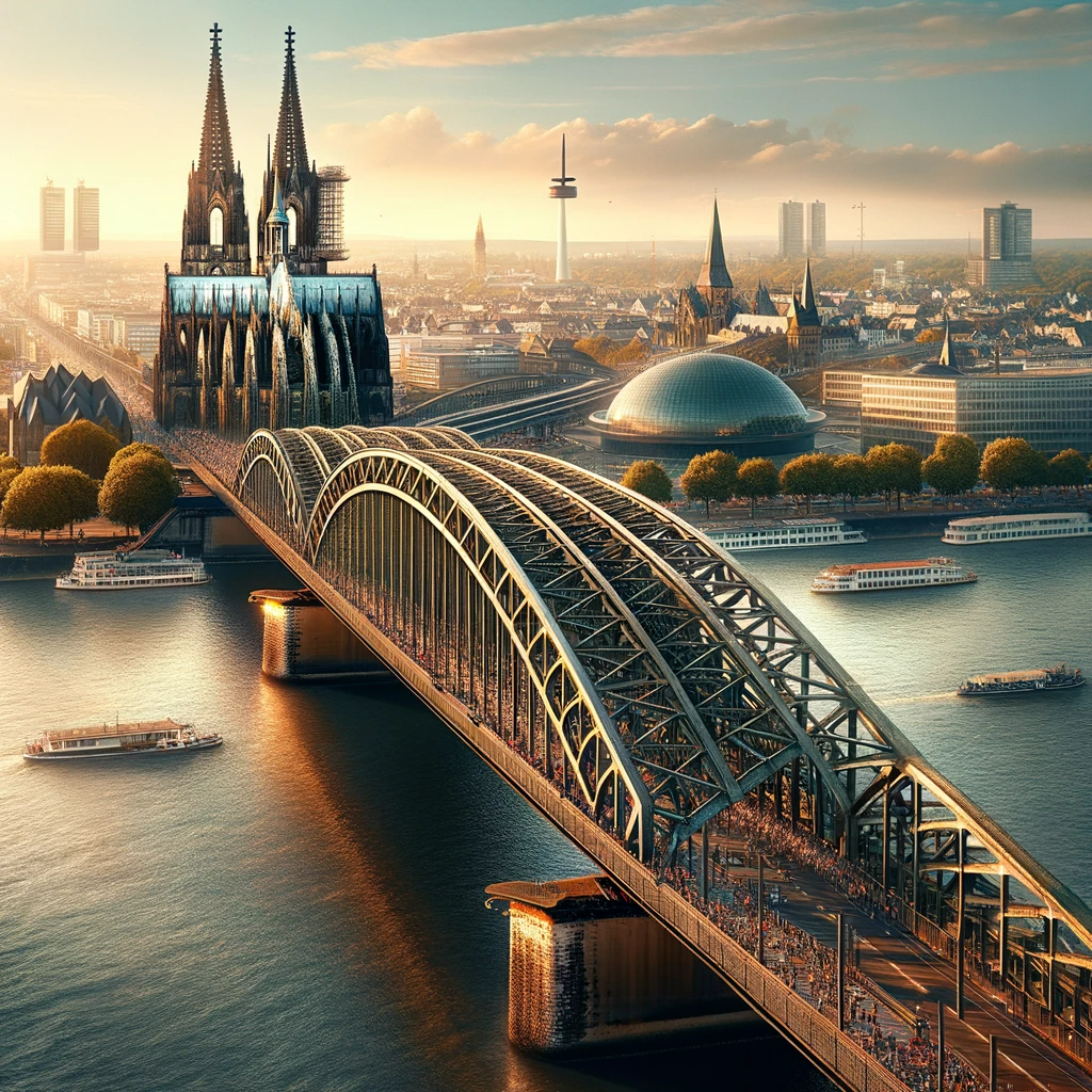 Koelner Hohenzollernbruecke ueber den Rhein mit Dom dahinter