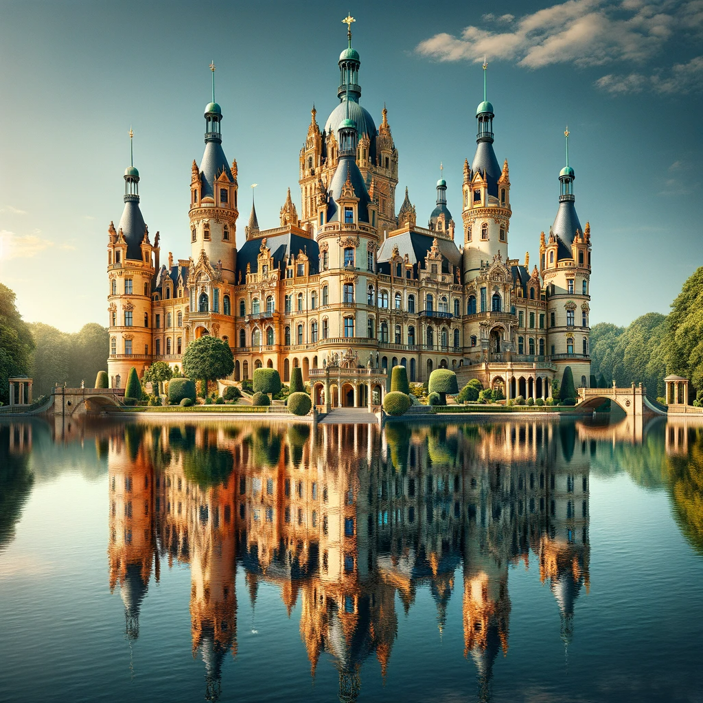 Schweriner Schloss in Mecklenburg-Vorpommern mit Teich