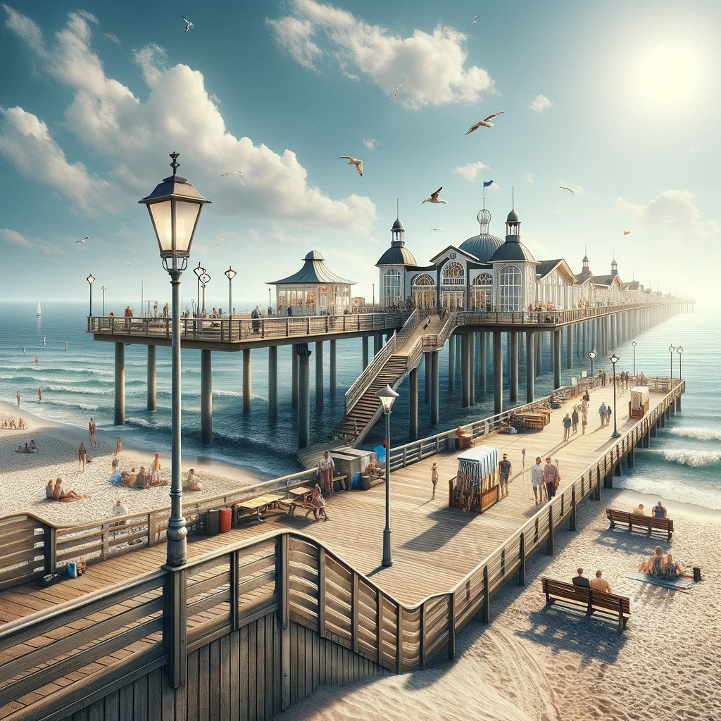Seebruecke Warnemuende an sonnigem Tag mit Besuchern