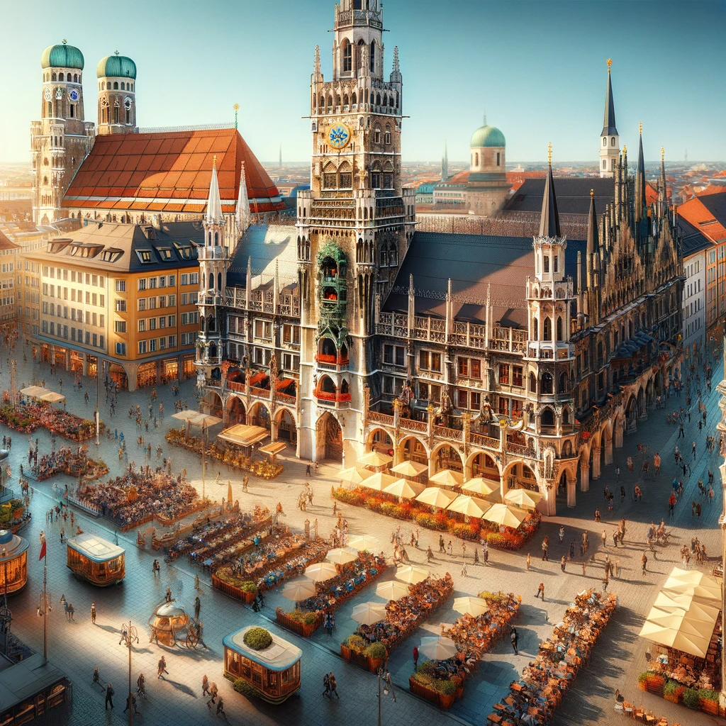 Muenchen Marienplatz mit belebten Straßen