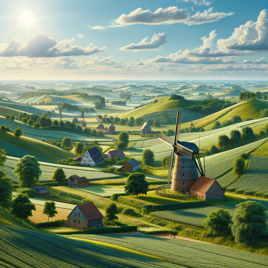 Gruene Landschaft in Niedersachsen mit Hauesern und Windmuehle