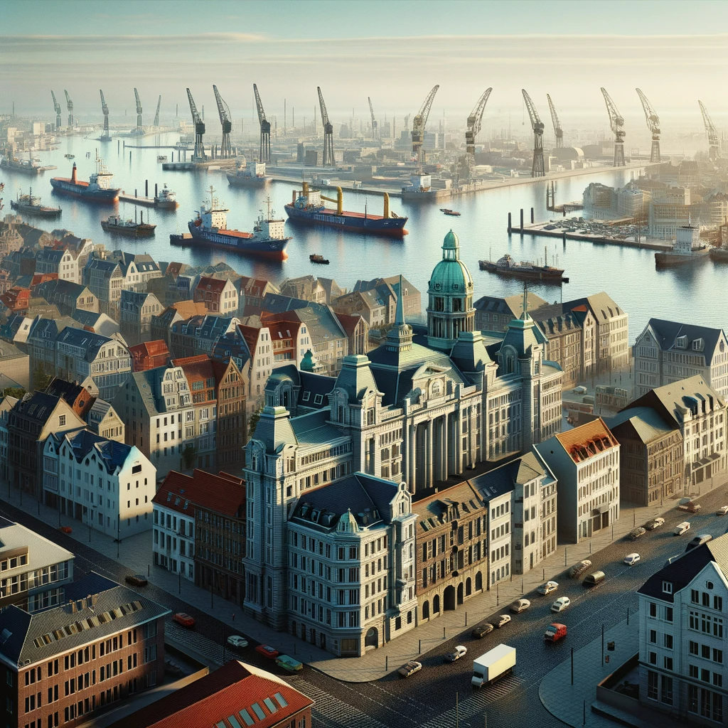 Wilhelmshaven Niedersachsen mit Schiffen und Kraenen
