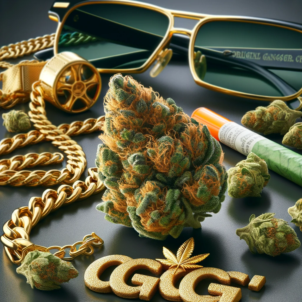 OG Kush Cannabis Bud vor Goldschmuck