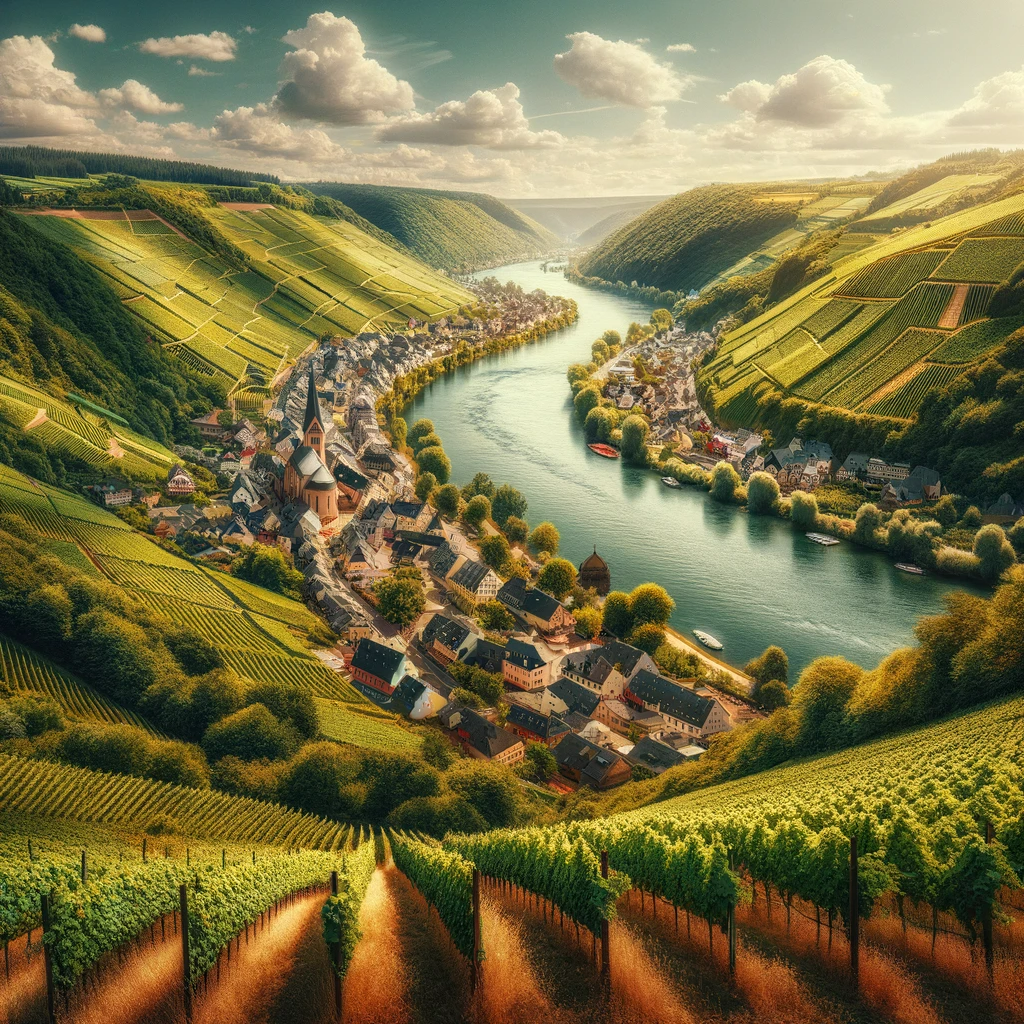 Weinberg vor einem Dorf und Fluss in Rheinland-Pfalz