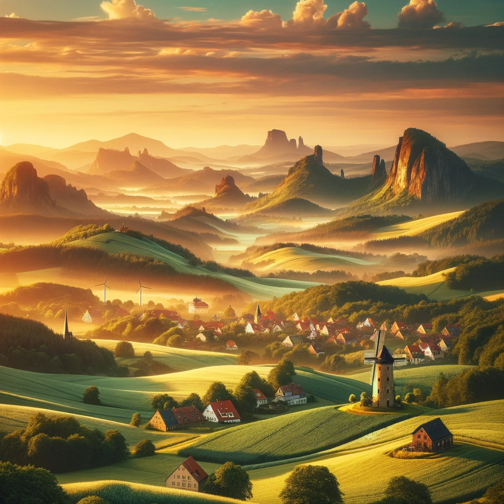 Lanschaft Sachsen-Anhalt mit Dorf bei Abenddaemmerung