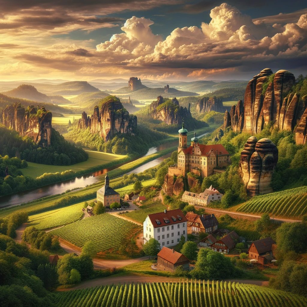 Landschaft in Sachsen mit Hauesern, Huegeln und kleinem Fluss