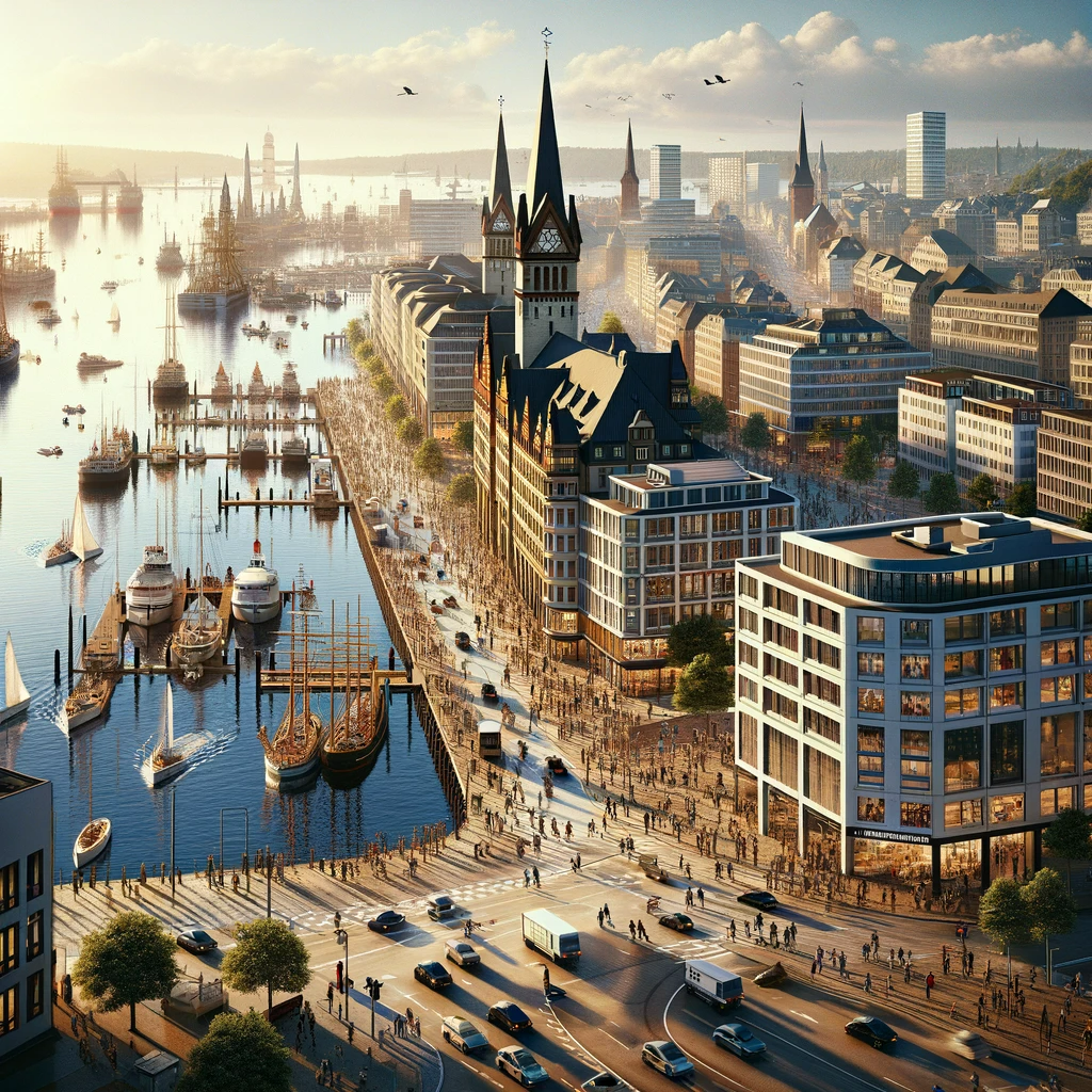 Belebter Hafen Kiel mit Booten, Menschen, Autos und Gebaueden