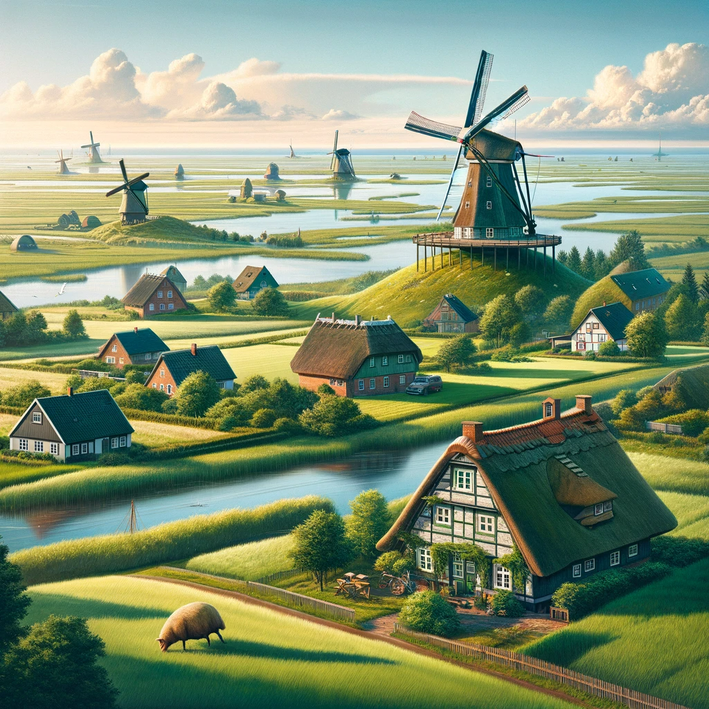 Lanschaft in Schleswig-Holstein mit Hausern, Windmuehlen und Wasser