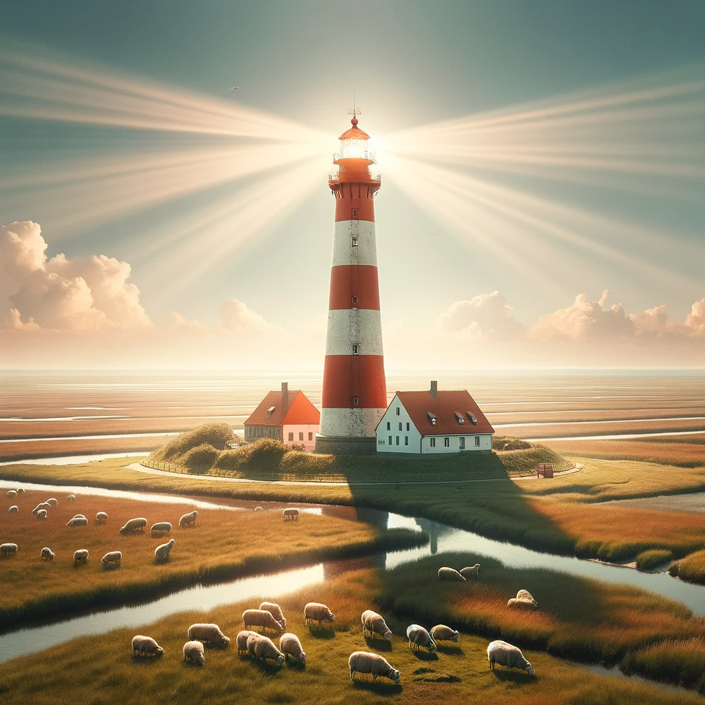 Westerhever Leuchtturm in Schleswig-Holstein mit Schaafen davor
