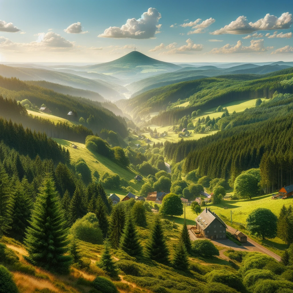 Gruener Thueringer Harz mit Brocken im Hintergrund