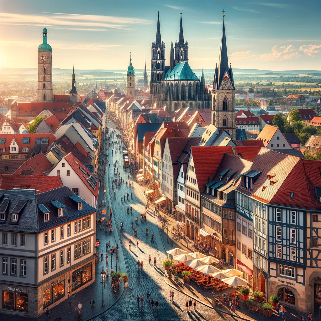 Belebte Innenstadt Erfurt bei sonnigem Wetter