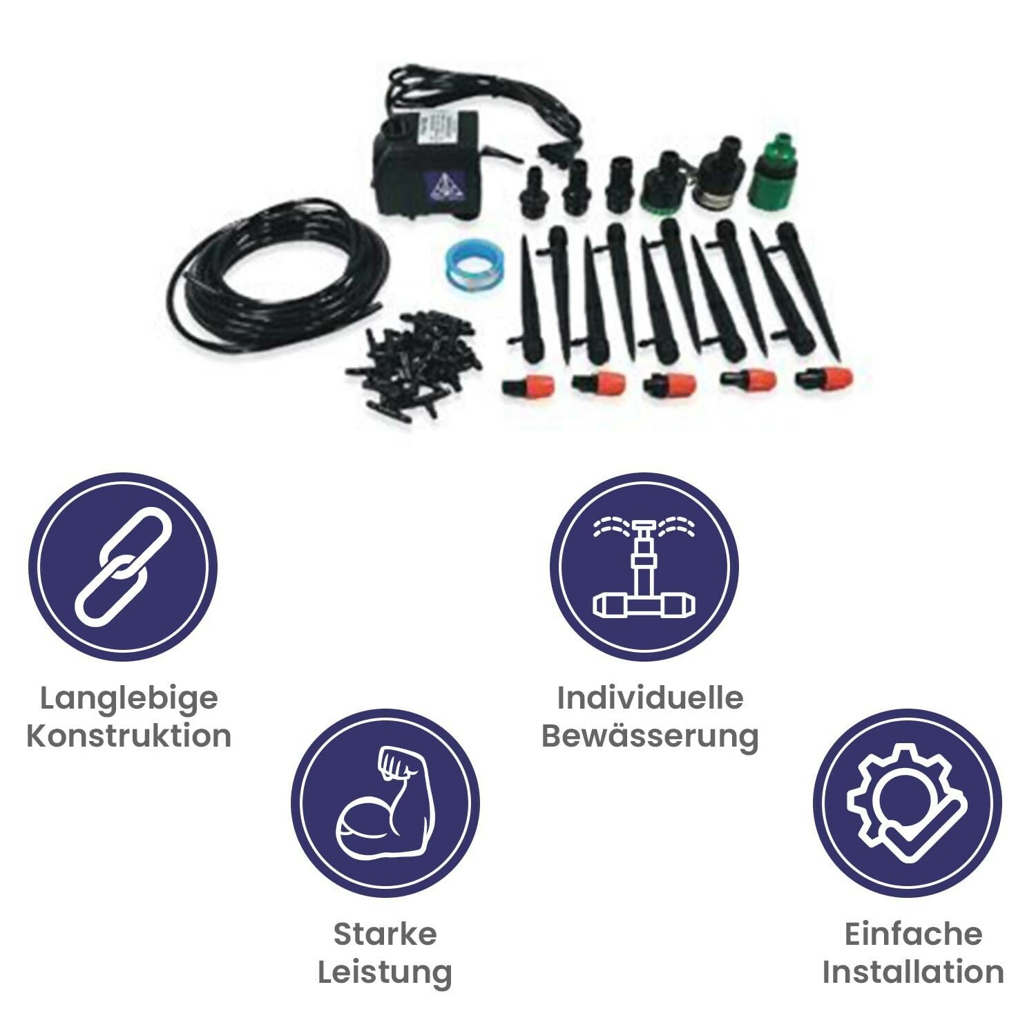 Elektronisches Bewässerungssystem von Treez Tools mit Pumpe und Zubehör für mühelose Pflanzenbewässerung.