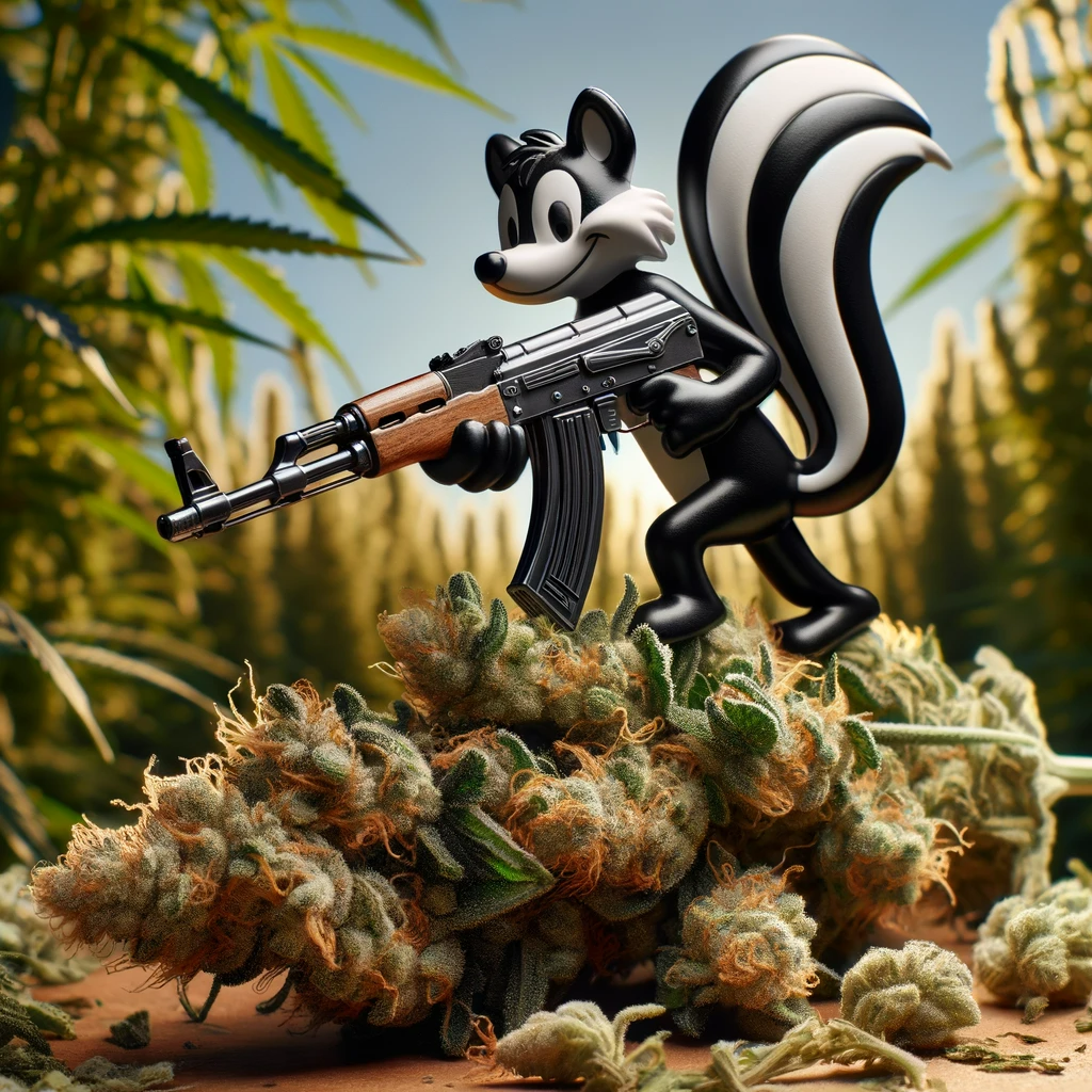 Comic-Stinktier mit AK47 auf Cannabis Bud Skunk