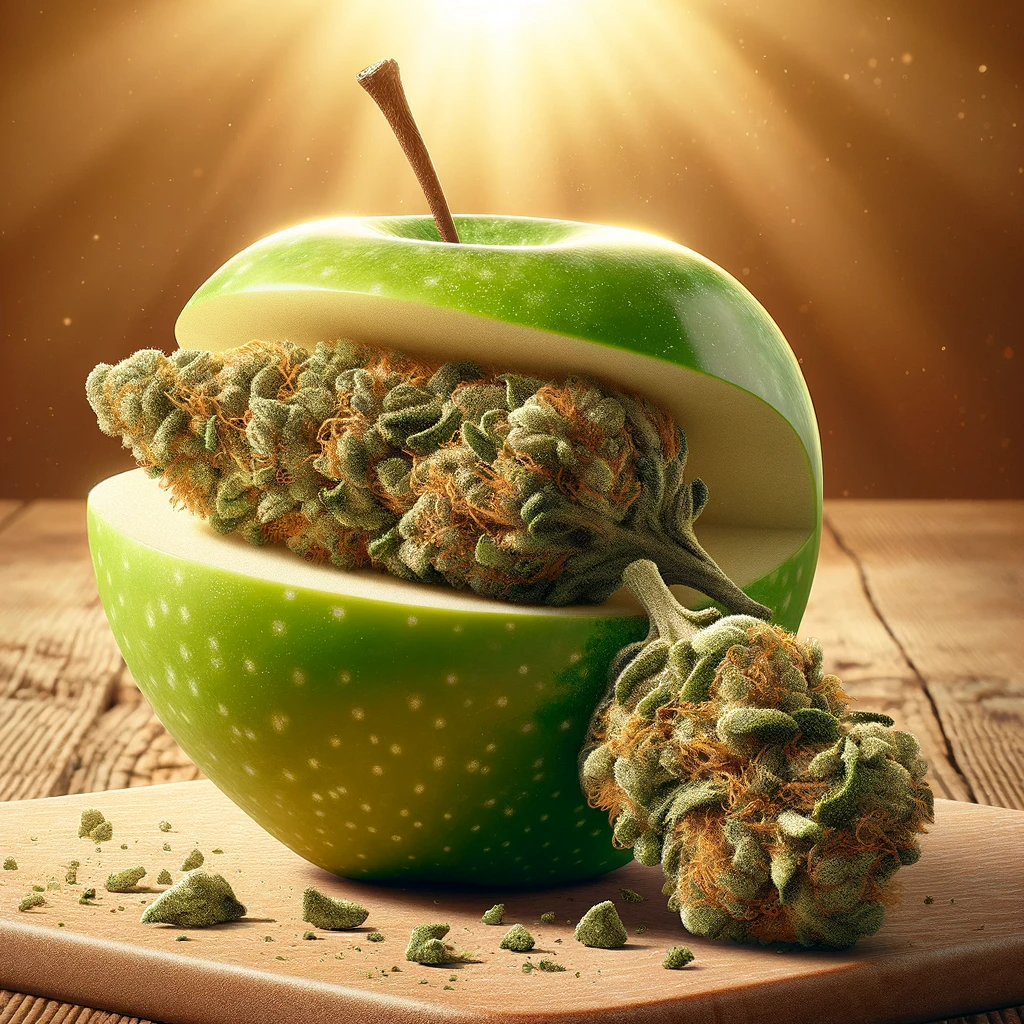 Apple Fritter Cannabis Bud auf Holzbrett in gruenem Apfel
