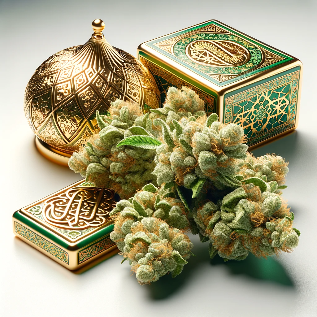 Cannabis Buds vor arabischem Gold