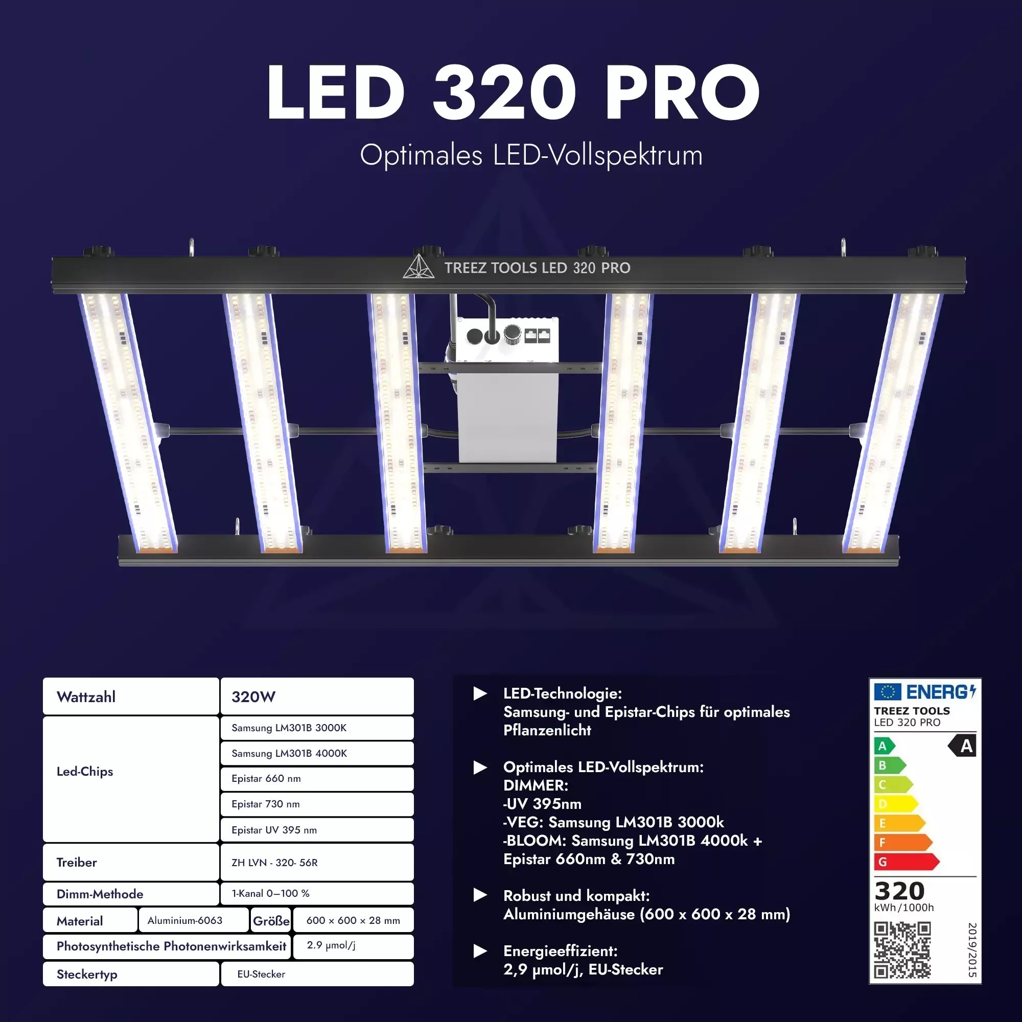 Treez Tools Grow Set S Komplett – 320W LED PRO Grow Lampe, Grow Zelt, Belüftungssystem, Ventilator, Smart Plug, Bewässerungssystem & 3 Grow Töpfe