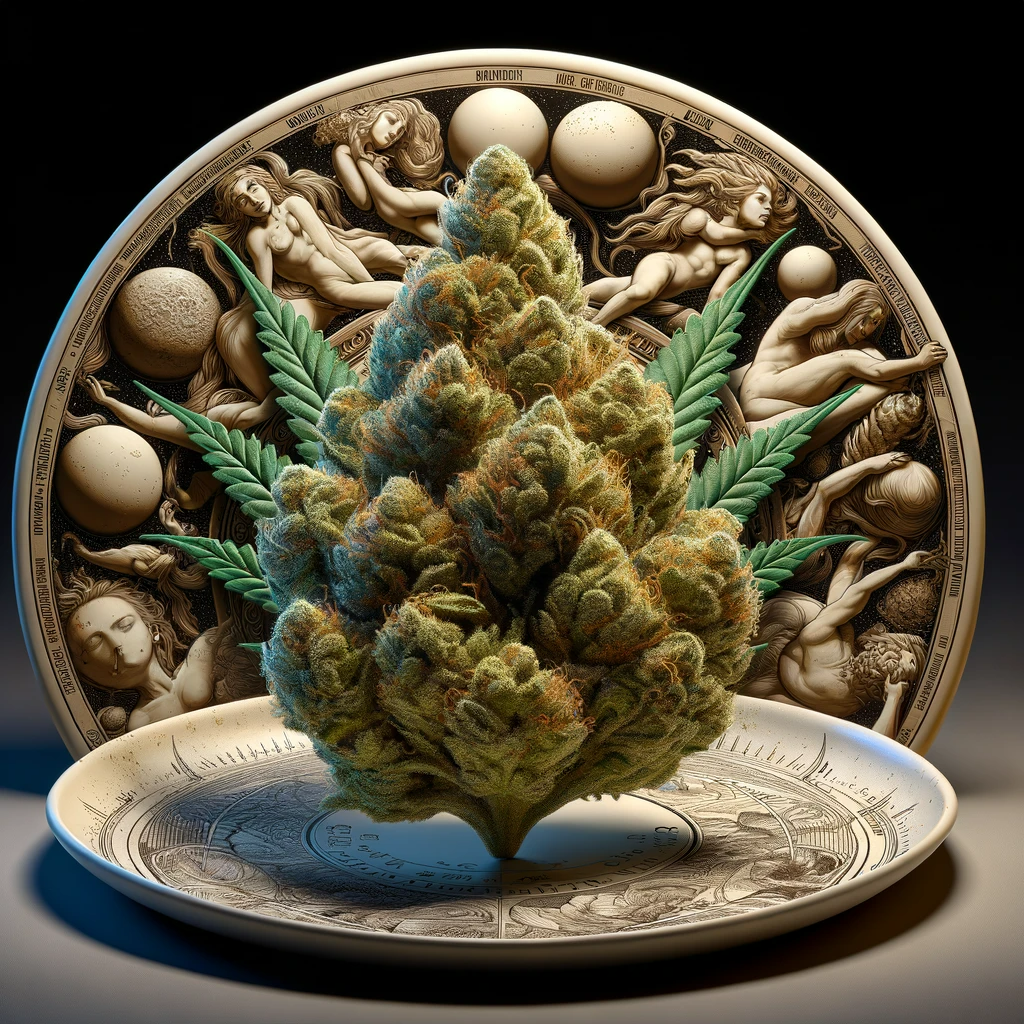 Biscotti Cannabis Bud auf orientalischem Teller vor Monument