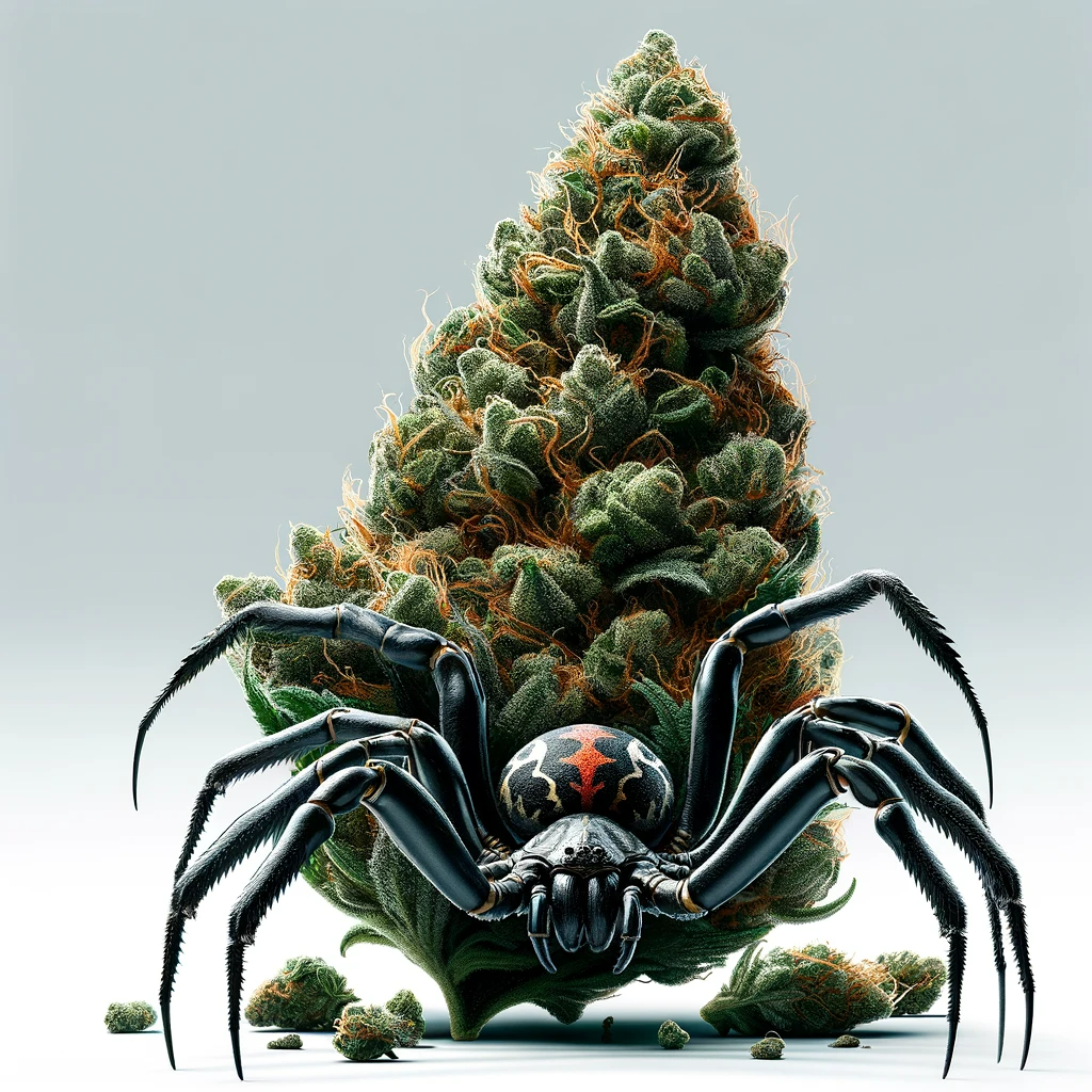 Schwarze Spinne vor Black Widow Cannabis Bud