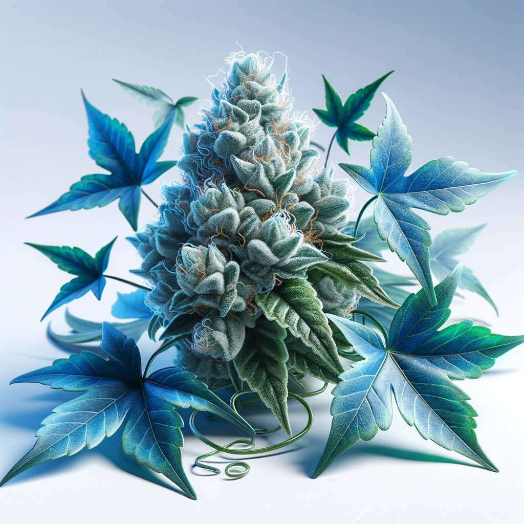 Blaue Blue Ivy Cannabis Bud umrandet von Blaettern