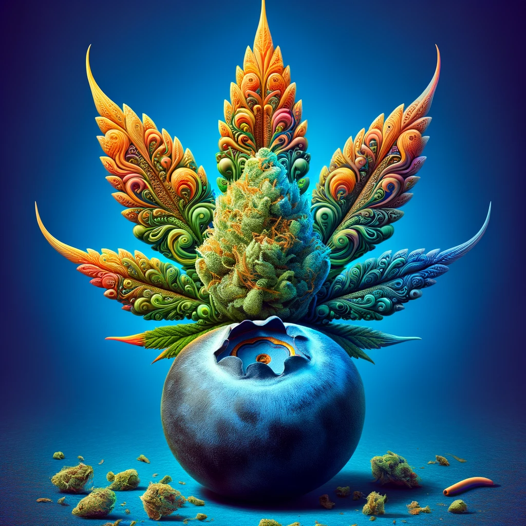 Blueberry Cannabis Bud auf Blaubeere vor abstraktem Cannabisblatt