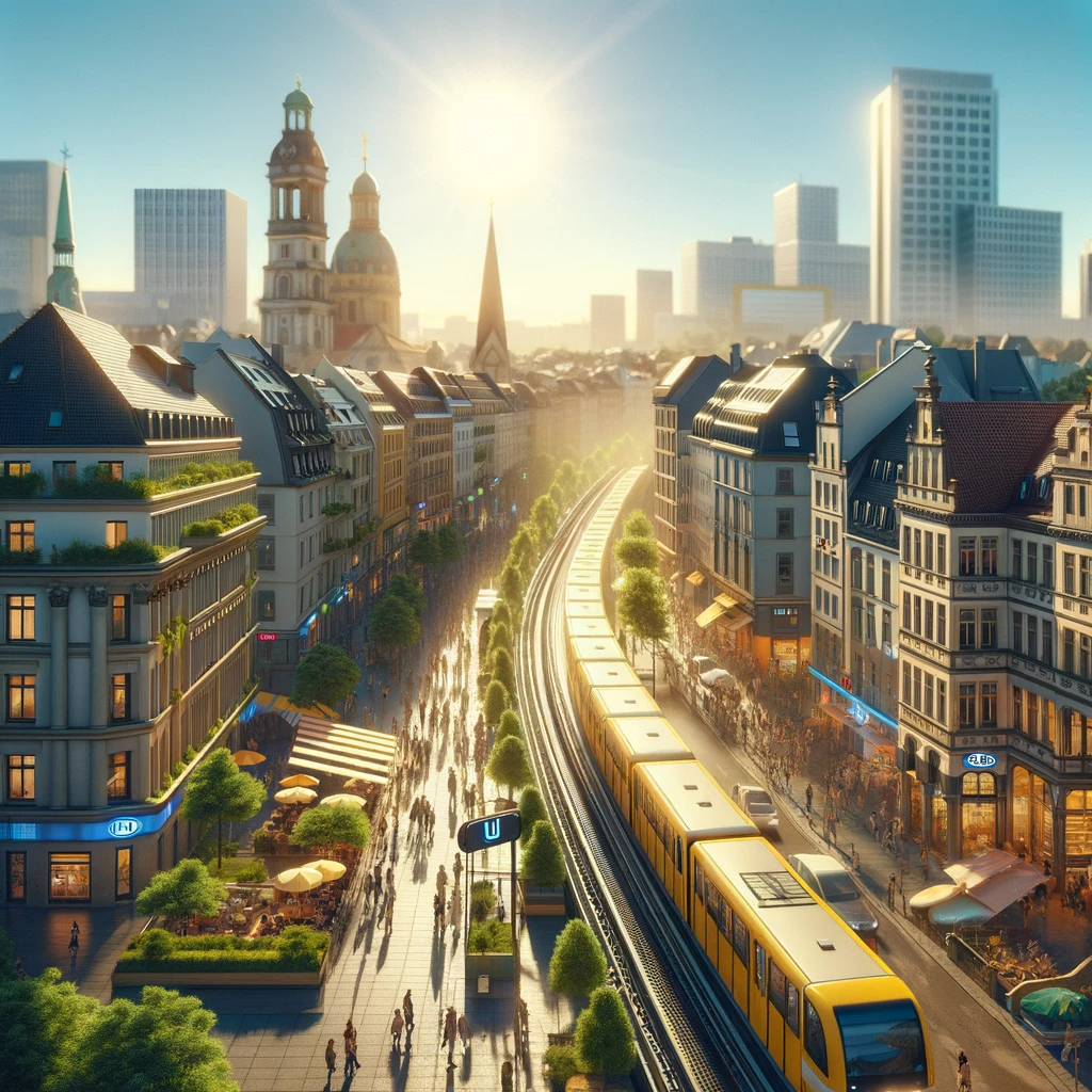 Deutsche Stadt mit Mesnchen und gelber Tram