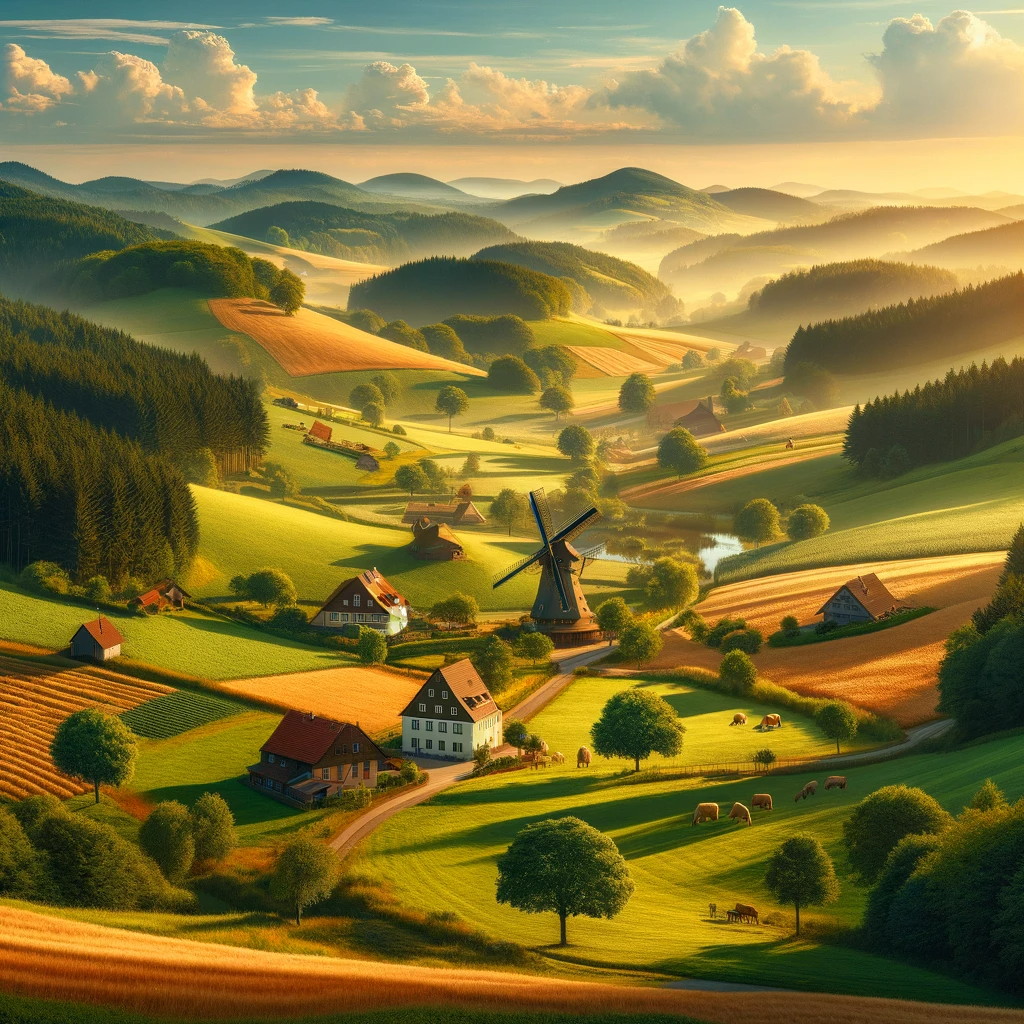 Landschaftsbild mit Bäumen, Feldern,Häusern und einer Windmühle