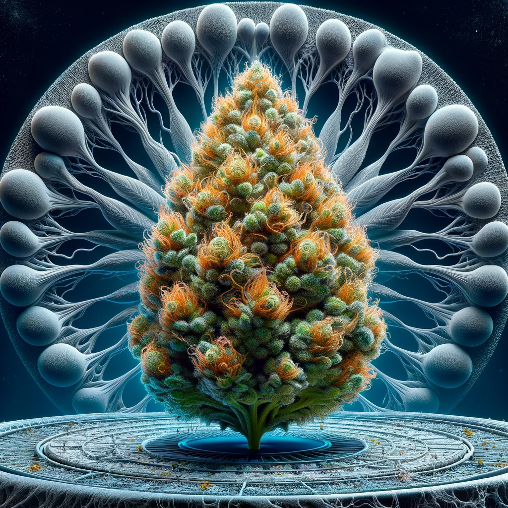 Dosidos Cannabis Bud vor blauem Nervensystem