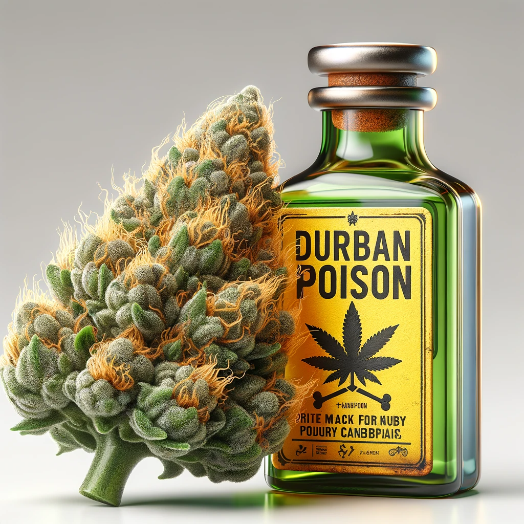 Cannabis Bud neben Durban Posion Flasche