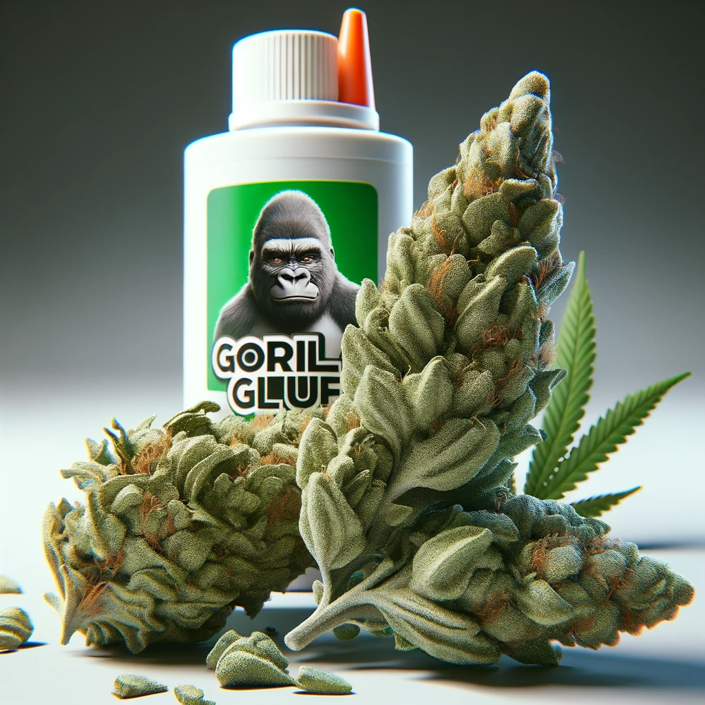 Cannabis Buds vor Gorilla Glue Flasche
