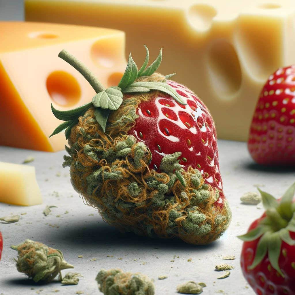 Gouda Berry Cannabis Bud mit Käse im Hintergrund