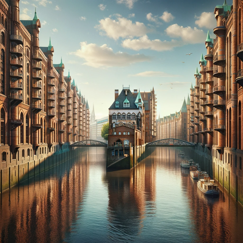 Speicherstadt Hamburg mit 5 parkenden Booten