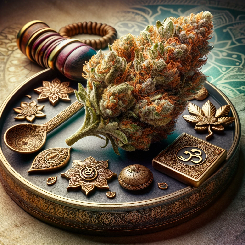 Hindu Kush Cannabis Bud auf indischer Ablage mit Mornumenten