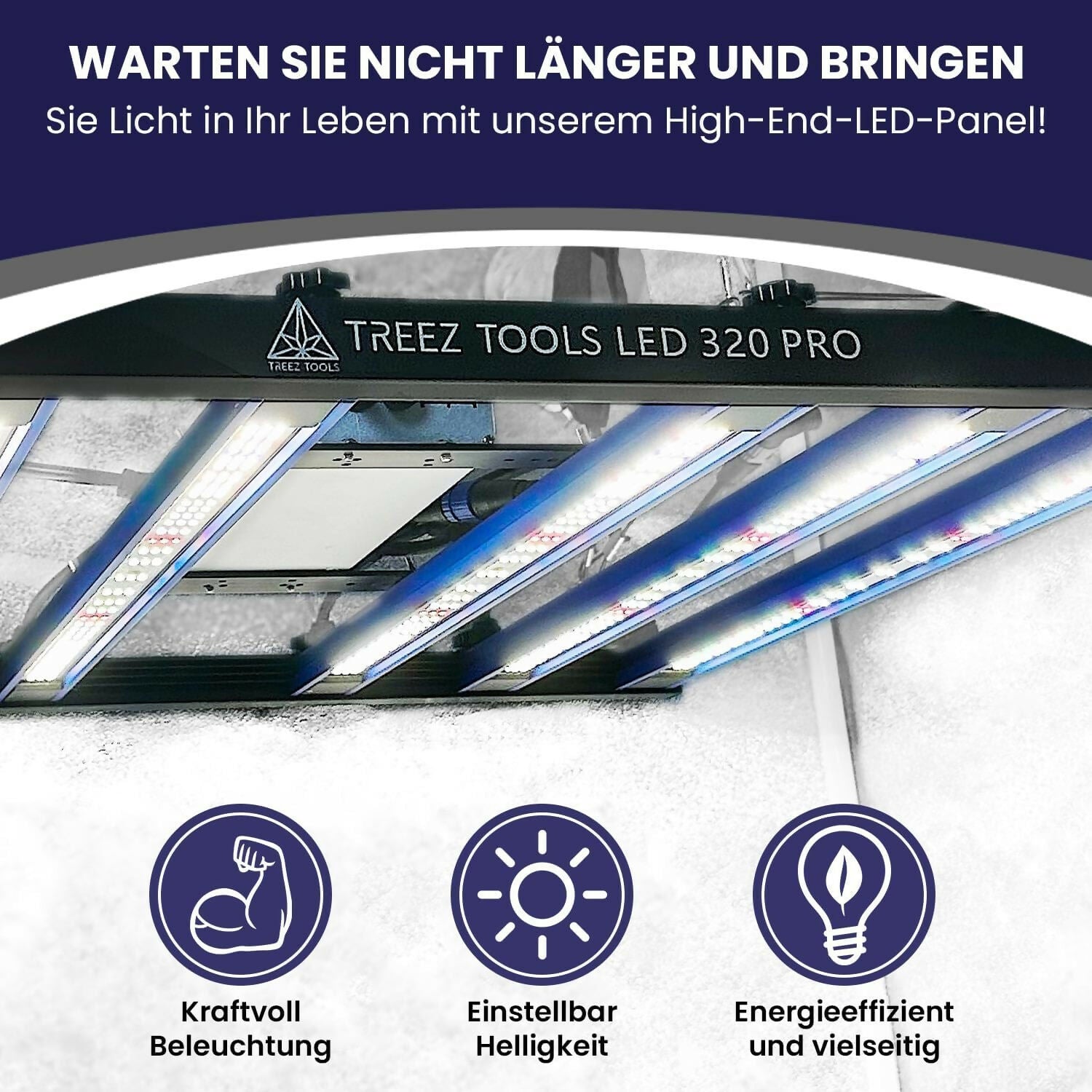 Treez Tools Grow Light LED 320 PRO – Energieeffiziente Vollspektrum-LED-Grow-Lampe mit Samsung LM301B- und Epistar-Chips, 2,9 μmol/j Effizienz, dimmbar 0-10V, EU-Stecker, ideal für Vegetations- und Blütephasen