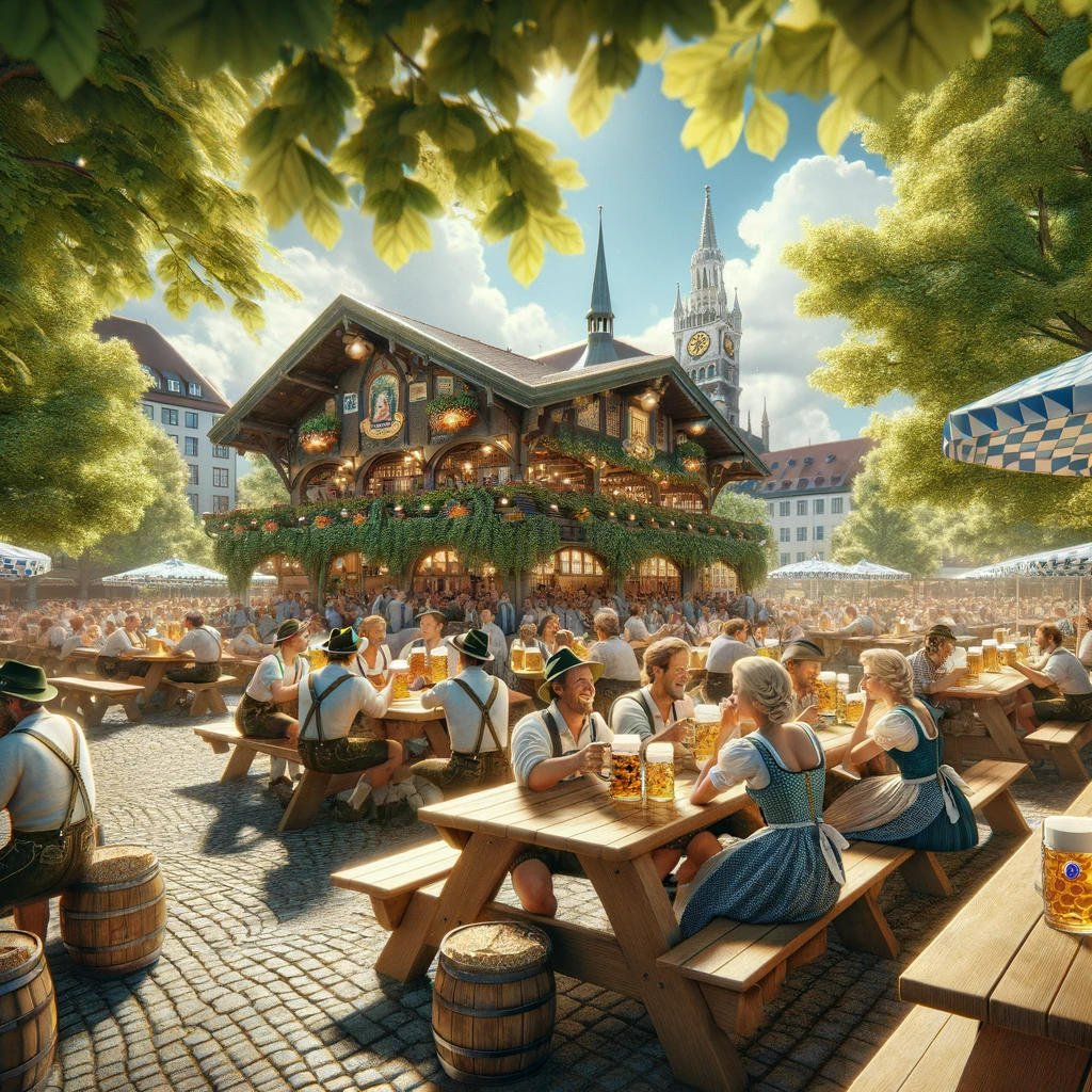 Voller Biergarten in München mit Frauen in Dirndeln und Maennern in Lederhosen