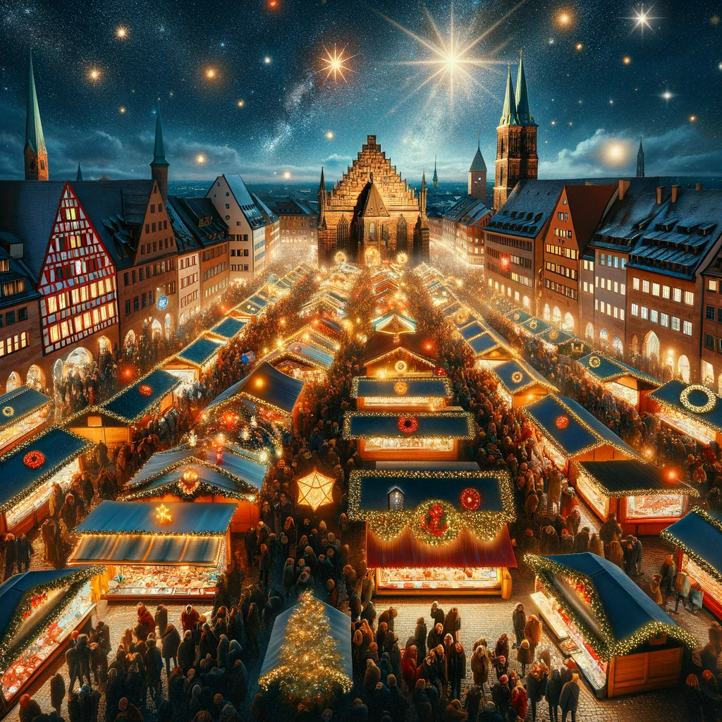 Besuchter Christkindlmarkt in Nürnberg bei Nacht