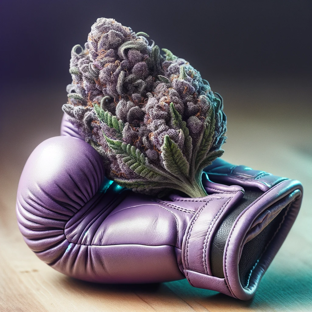 Lila Cannabis Bud auf lila Boxhandschuh
